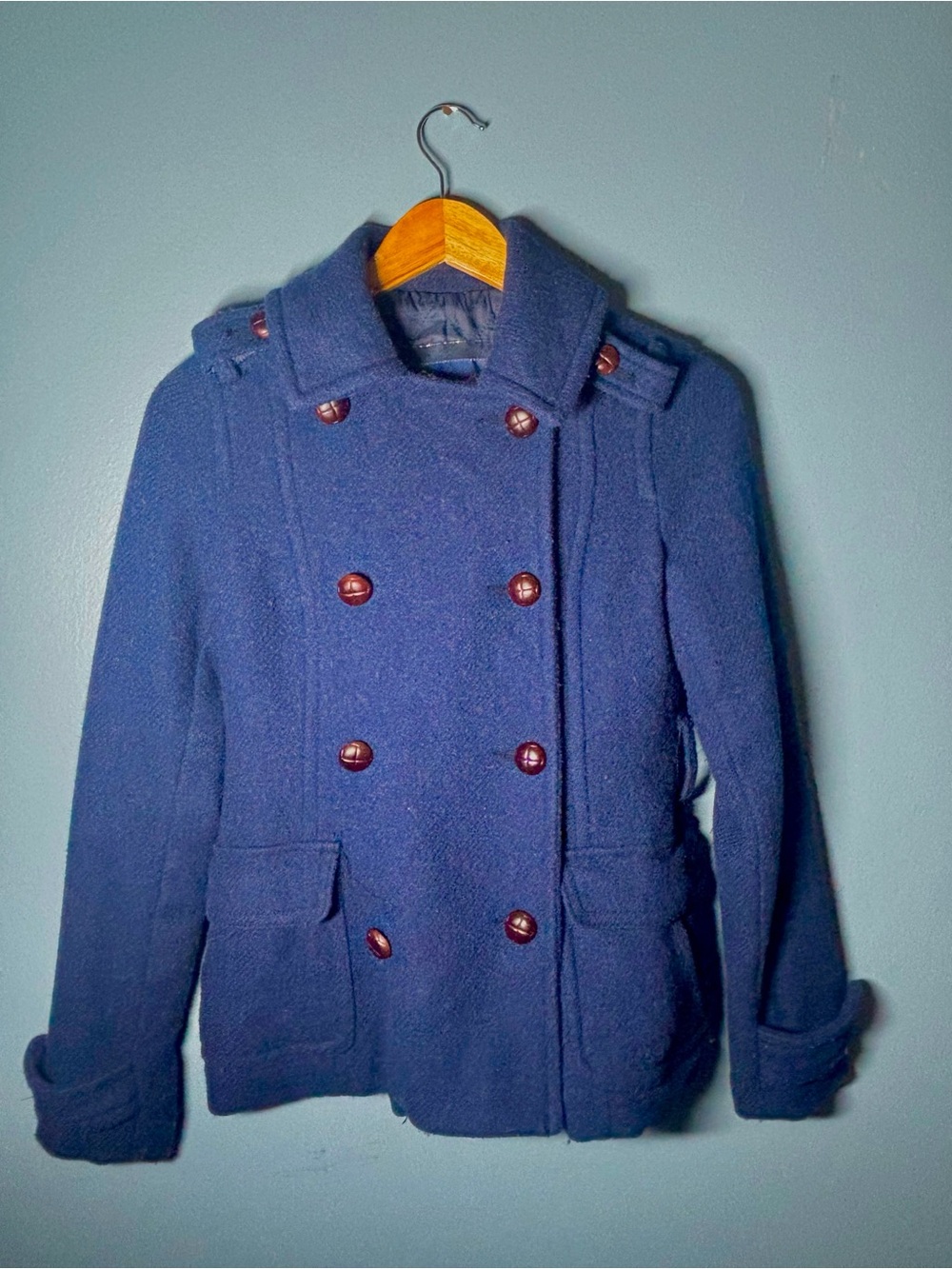 American Eagle Outfitters Navy Double-Breasted Peacoat with Brown Buttons